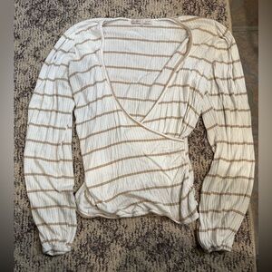 Willow & Root Striped Faux Wrap Top - Cream and Brown